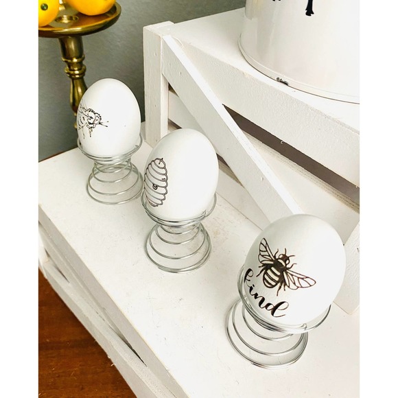 Set of 3 Farmhouse Bee Inspired White Wood Egg w/Stands - Picture 5 of 5